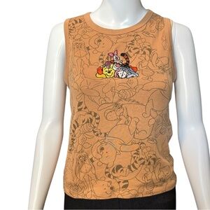 Winnie the Pooh Friends Sleeveless Tank M Tan Sketch Print Embroidered Disney